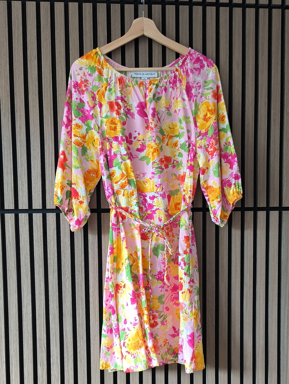 Emma & Michele Pink Floral Tie-Waist Mini Dress with Yellow Accents